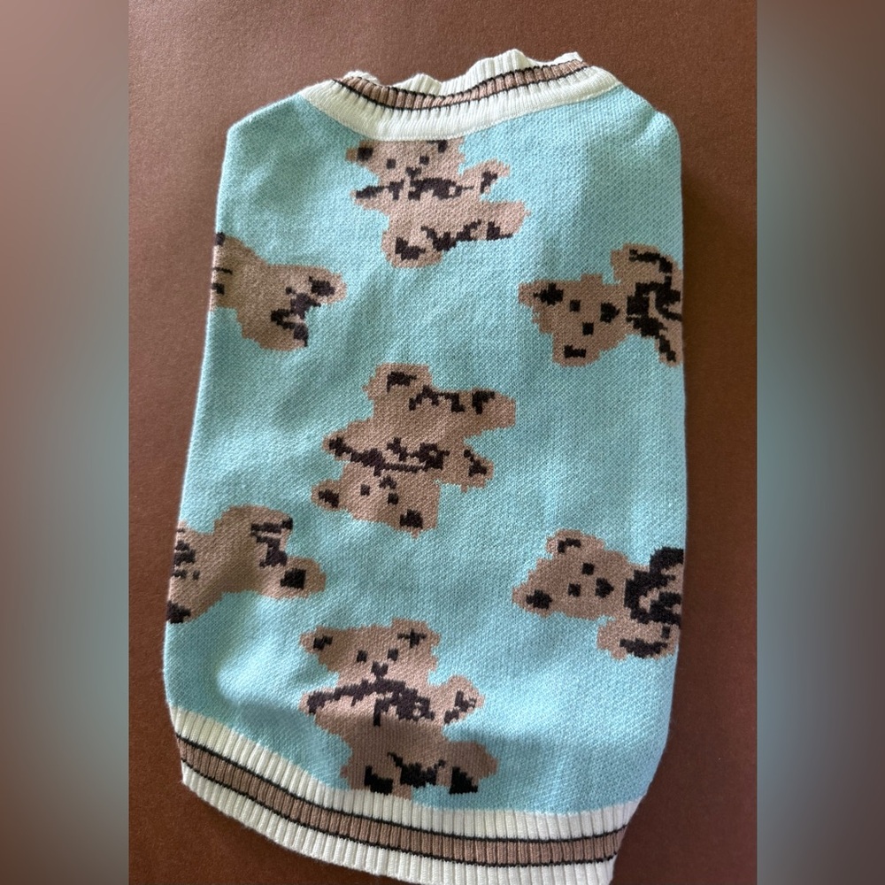Light Blue Dog Sweater with Brown Bear Pattern - Picture 2 of 4